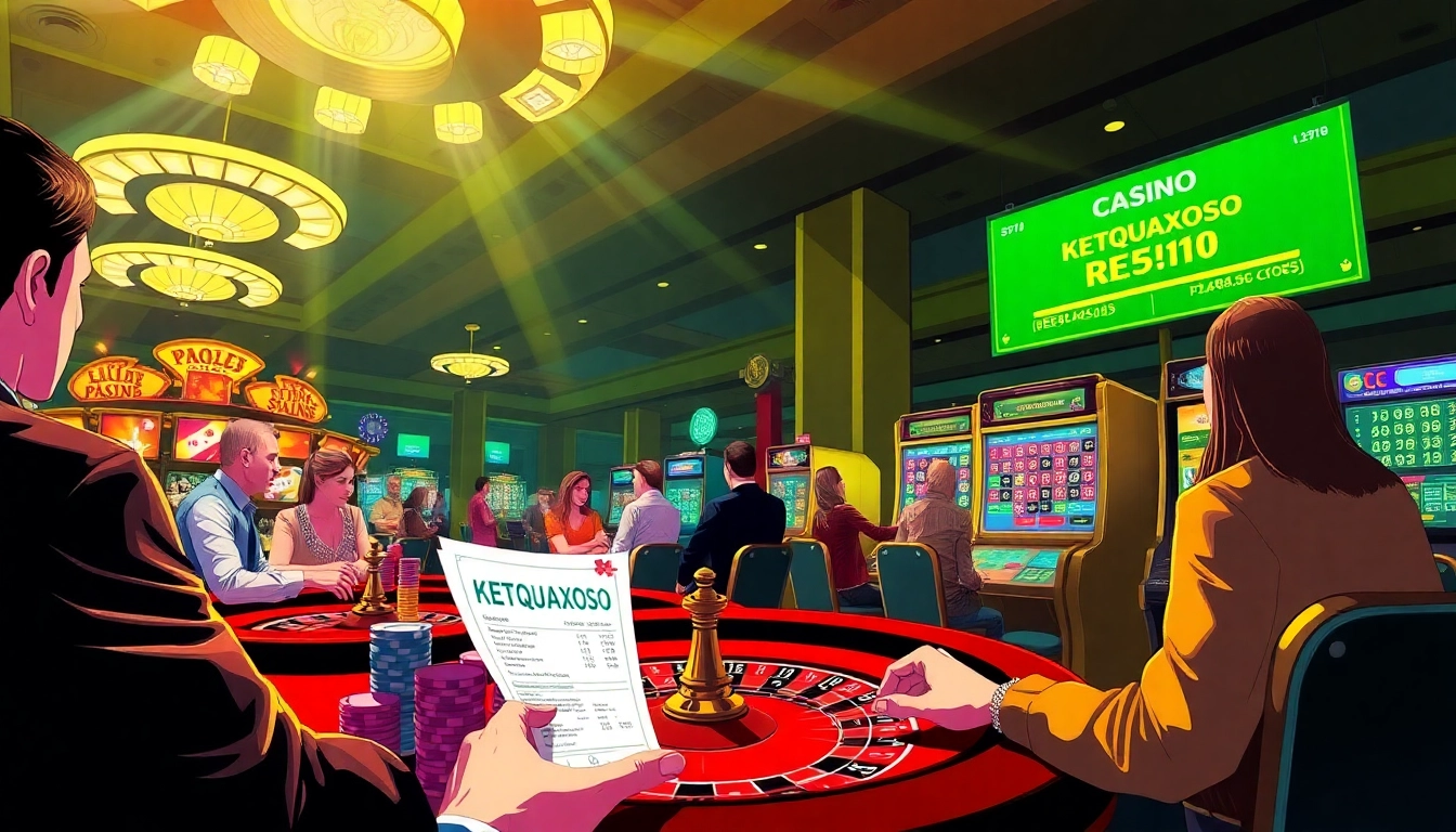 Experience the thrill of Ketquaxoso at a bustling casino with players winning at tables and machines.