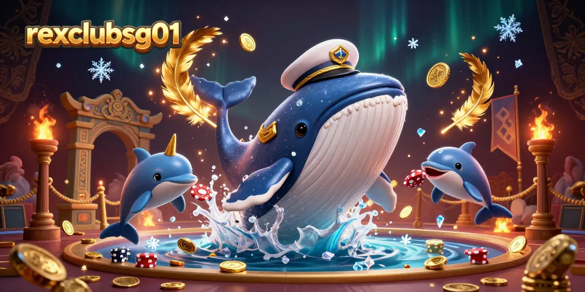 Playful dolphins and a whale enhance the rexclubsg01 casino experience amid coins and festive elements.