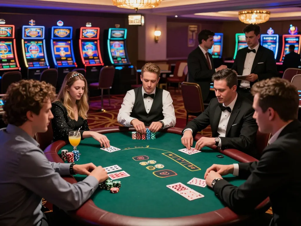 Players engaged in strategic betting at an SBOBET poker table in a lively casino.