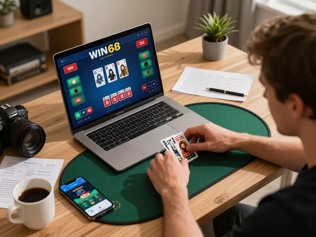 IWIN68 online poker gaming session with player engaging on laptop and tablet.