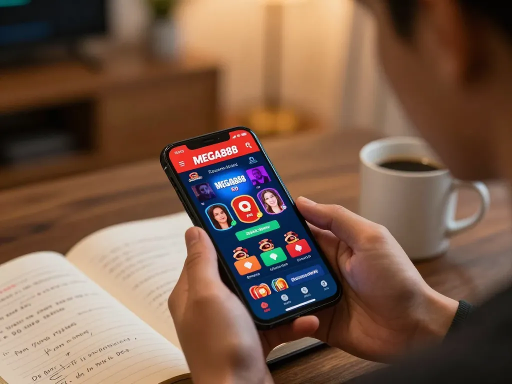 Engaging player using the MEGA888 app on smartphone with analytical notes in cozy home setting