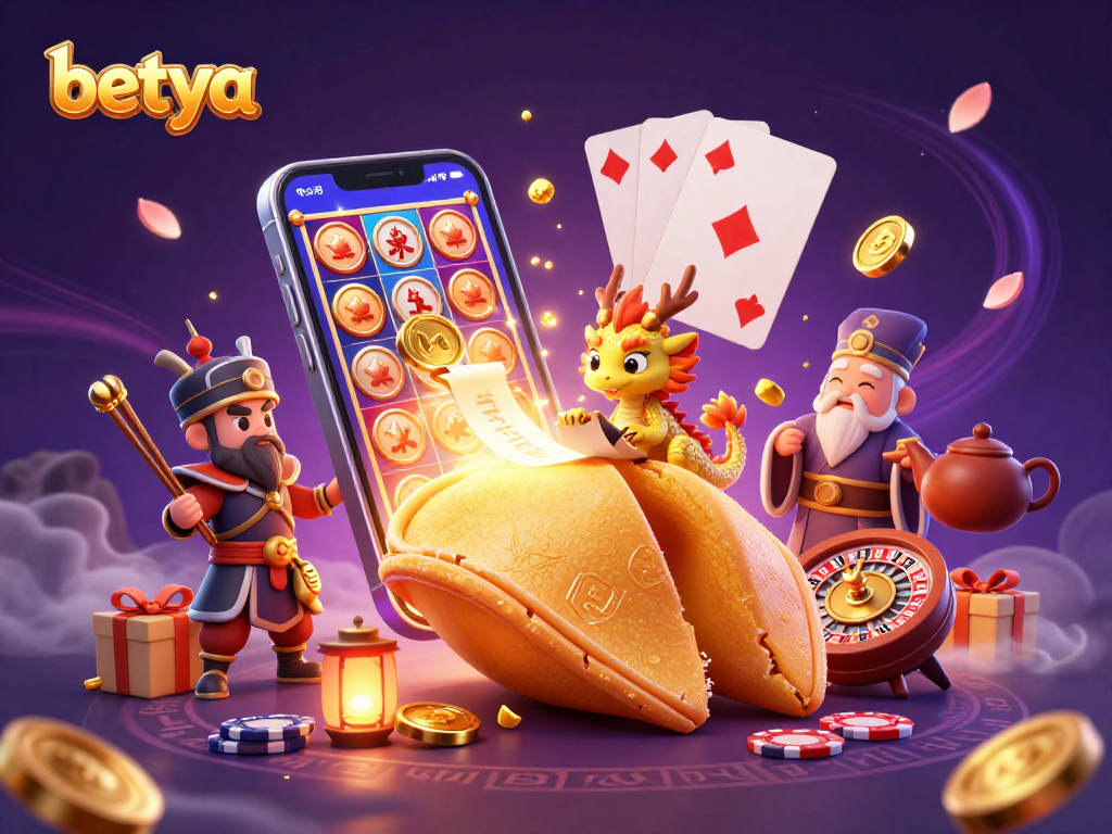 Engage with betya's vibrant casino scene featuring a fortune cookie, dragon, and gaming elements.