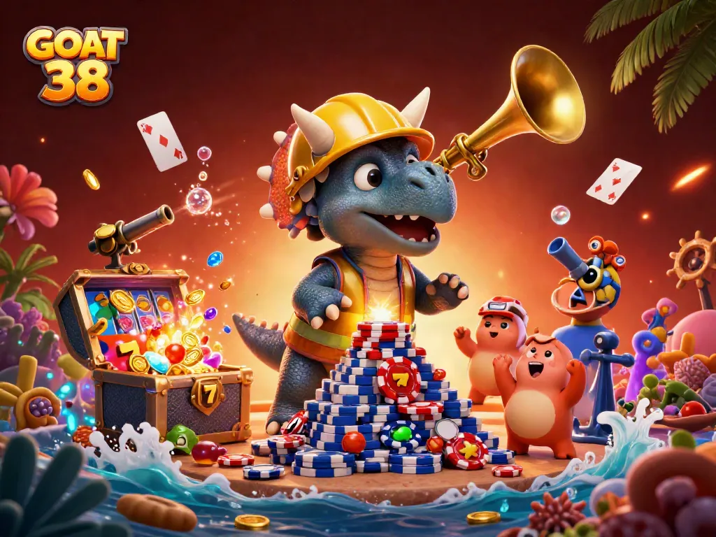 Celebrate wins with GOAT 38 as the triceratops builds poker chip towers in a vibrant casino scene