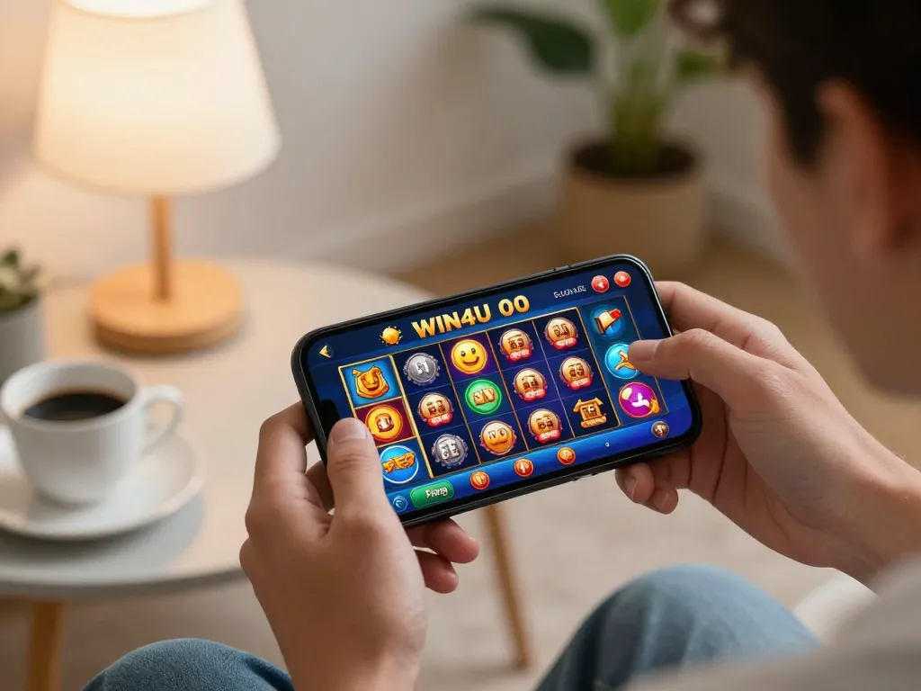 Player enjoying WIN4U app's casino features on smartphone in a cozy setting