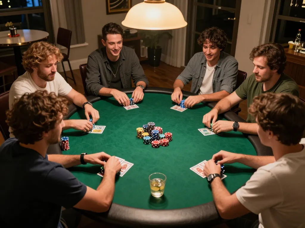 Pemain yang merencanakan strategi selama malam poker DEWI123 yang mengasyikkan di rumah, dikelilingi oleh camilan dan minuman.