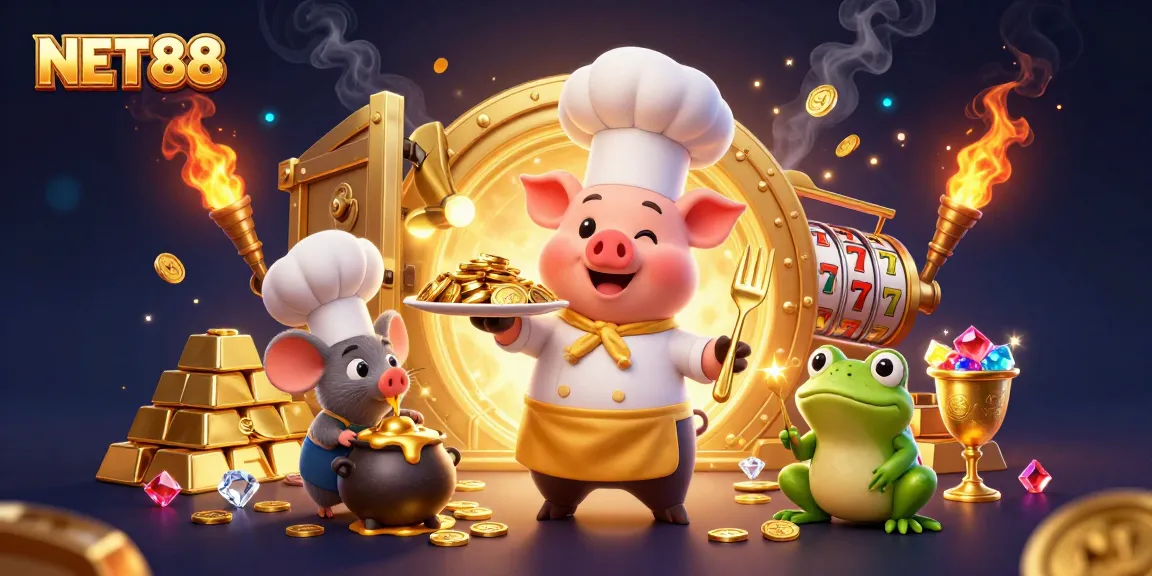Experience NET88's vibrant casino scene with a chef pig, rich gold, and dynamic game elements.