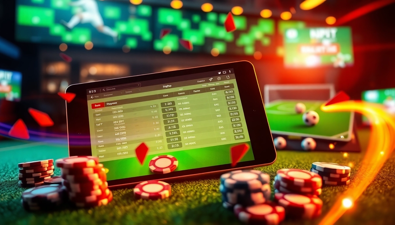 Illustration showcasing how to แทงบอลยังไง with engaging sports betting visuals, smartphones, and vibrant odds.