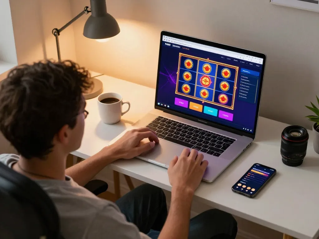 Player engaging with Sunwin casino slot games on a laptop in a cozy home office