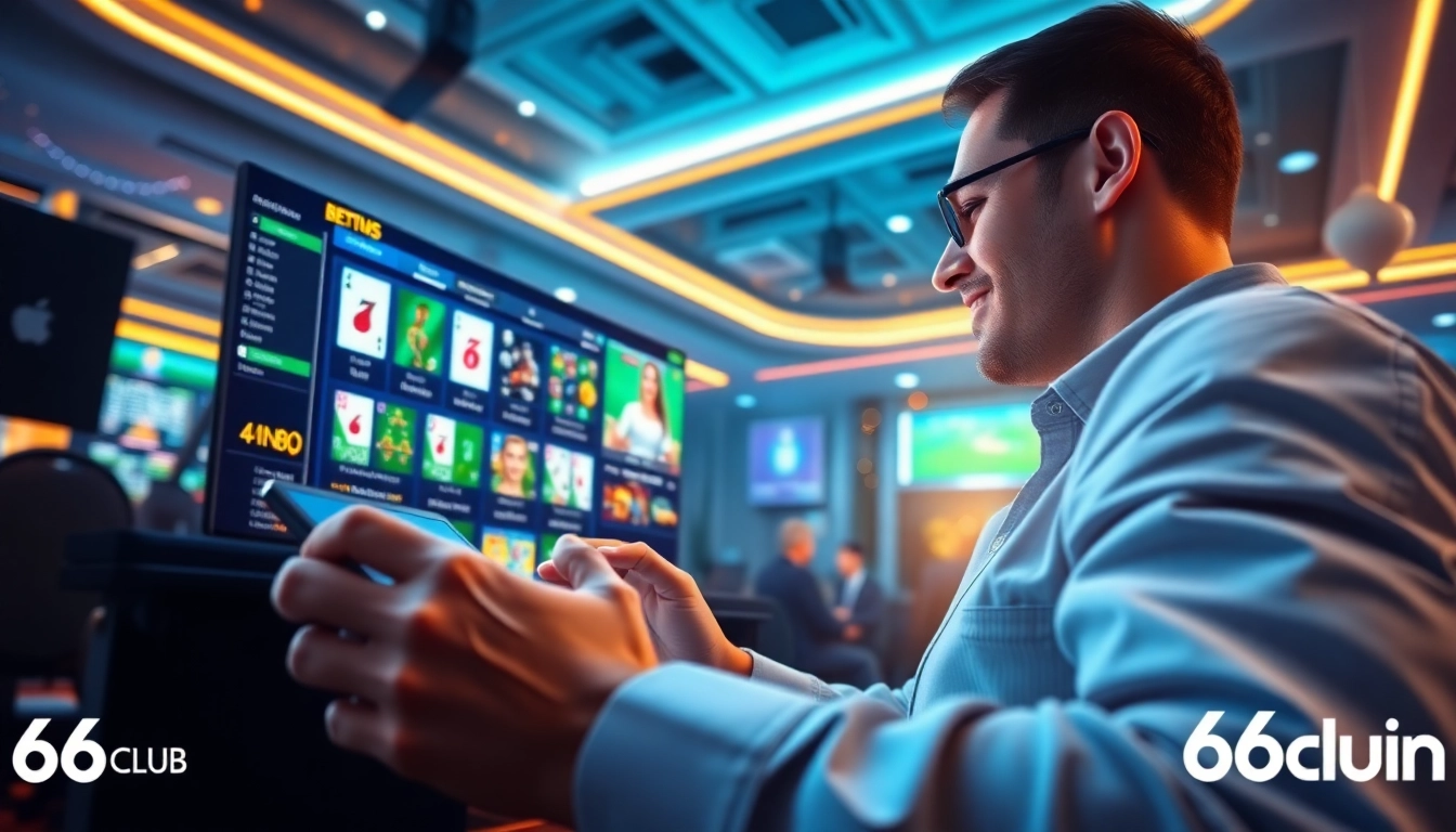 Engaging visual of a player interacting with the 66club online betting platform, showcasing sports and casino games.