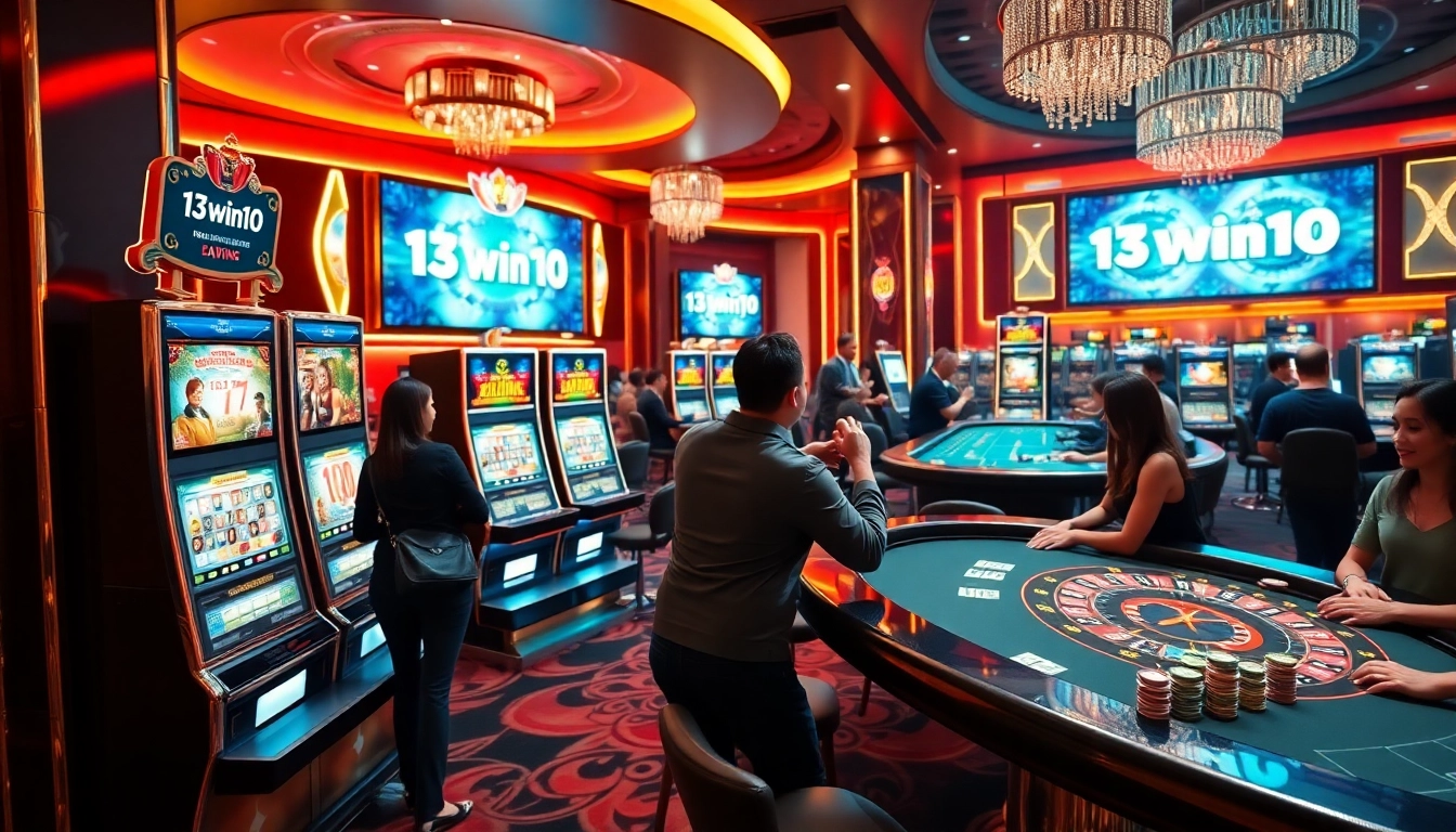 Players enjoying 13win10 at a lively casino table with vibrant poker chips and cards.
