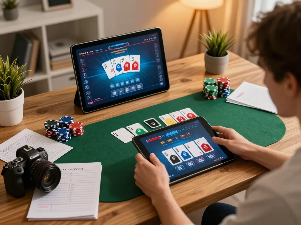 Luck8 online gaming experience with a player engaging in poker on a tablet in a cozy setting