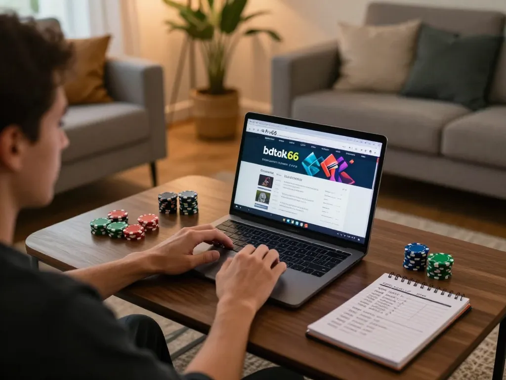 Engaging with bdtk66 online gaming platform in a cozy home setting with focused betting strategies.