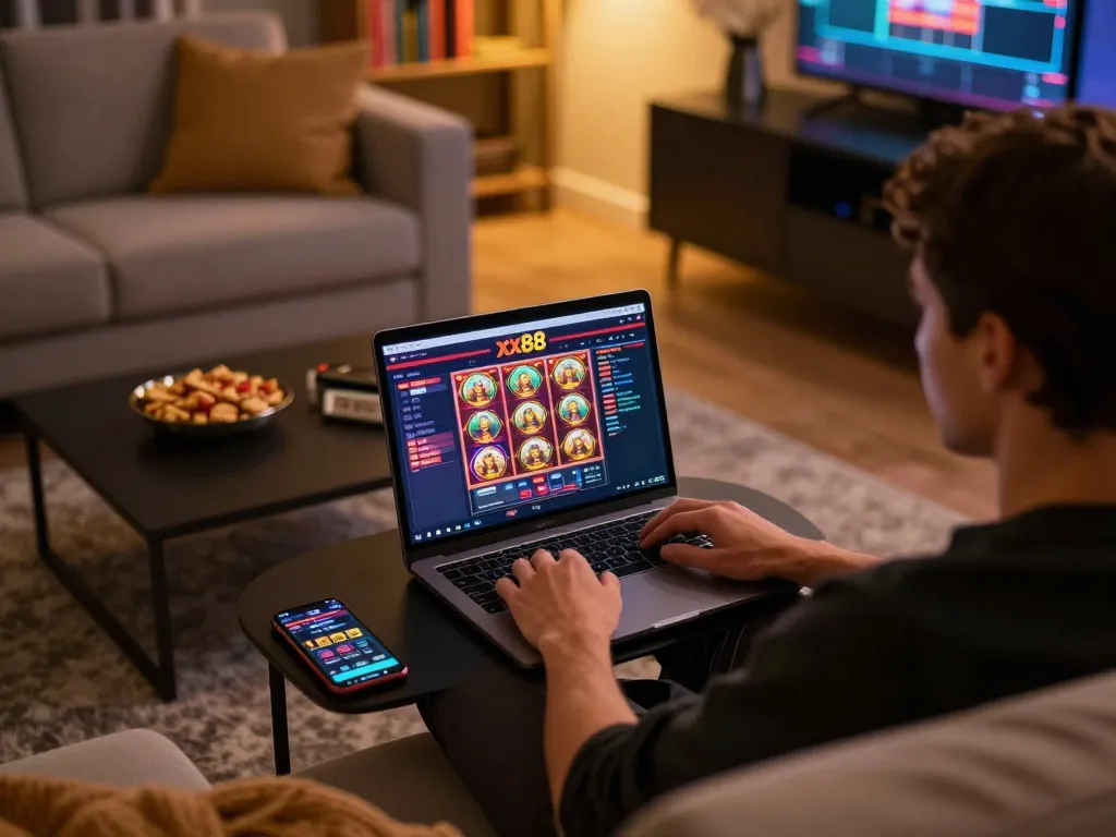 Player enjoying their gaming experience on xx88's online casino, highlighting laptop and comfortable setup