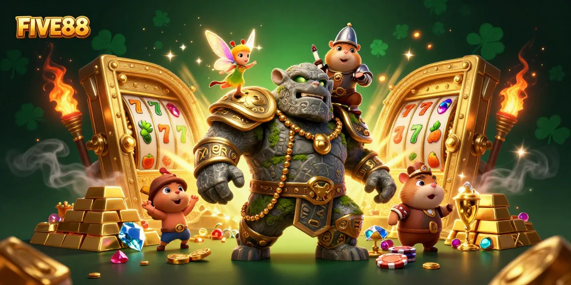Engage with FIVE88 while enjoying vibrant slot games and magical treasures in a captivating 3D scene.