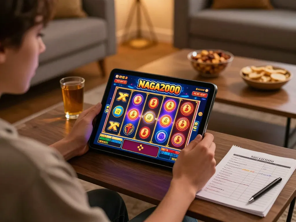 NAGA2000 player enjoying online slot game with strategic bankroll management notes.