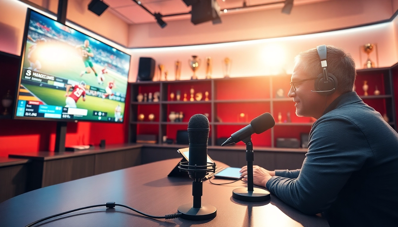 Announcer in a modern studio engaging in sports broadcasting with digital screens and memorabilia.