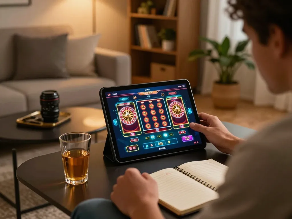 Engaged player navigating goal123.ac while enjoying a cozy home gaming experience with tablet in hand.