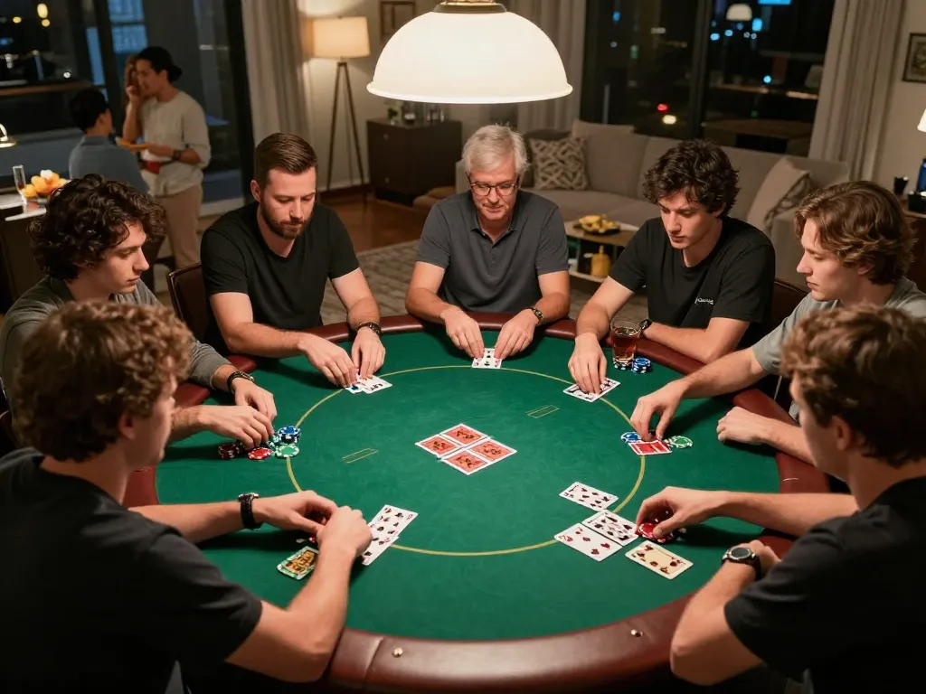 Pemain Ulat123 merencanakan strategi selama malam poker santai di rumah dengan permainan dinamis dan chip berwarna-warni.