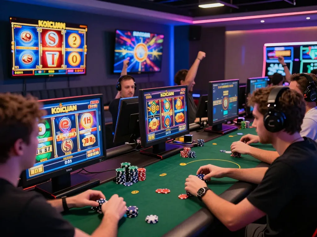 Pemain menikmati permainan slot Koicuan di lingkungan lounge permainan yang ramai, menunjukkan kegembiraan dan kemenangan.