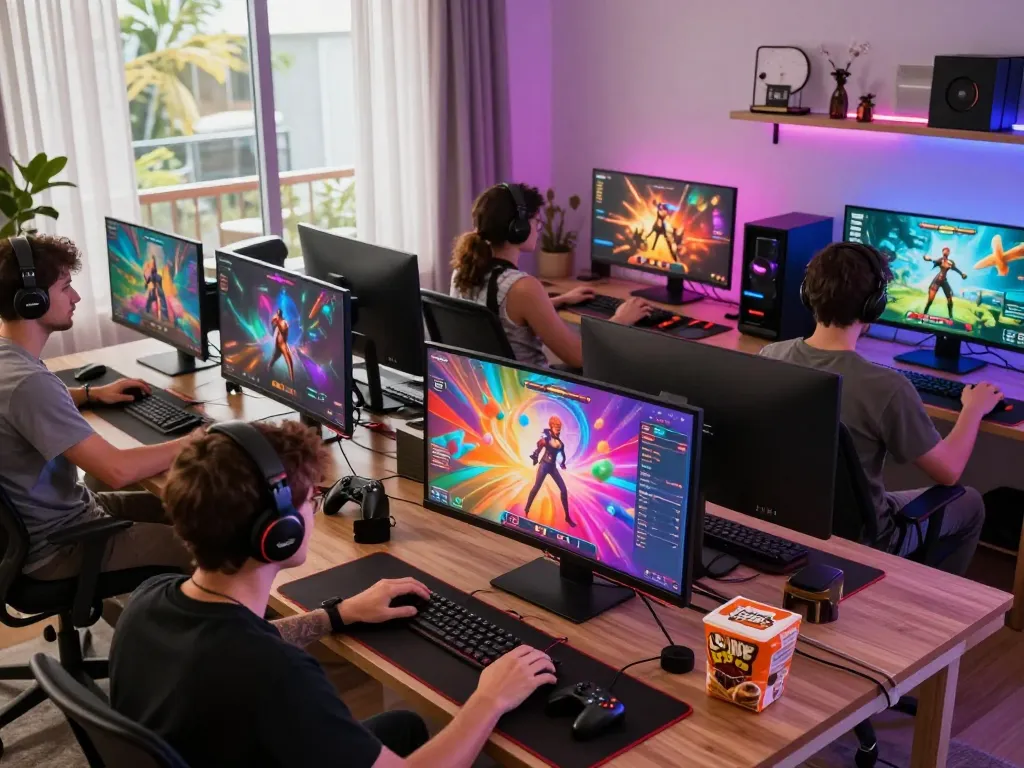 Players enjoying immersive porngames in a vibrant home gaming environment with ambient lighting.