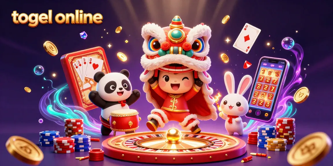 Experience thrilling togel online gaming with a vibrant 3D lion dance illustration, showcasing exciting casino elements.