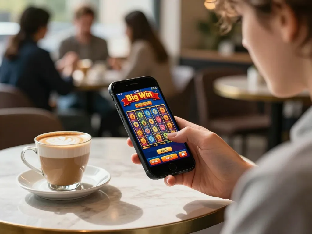 Engaging gameplay on a smartphone at a café showcasing 88aa mobile casino experience