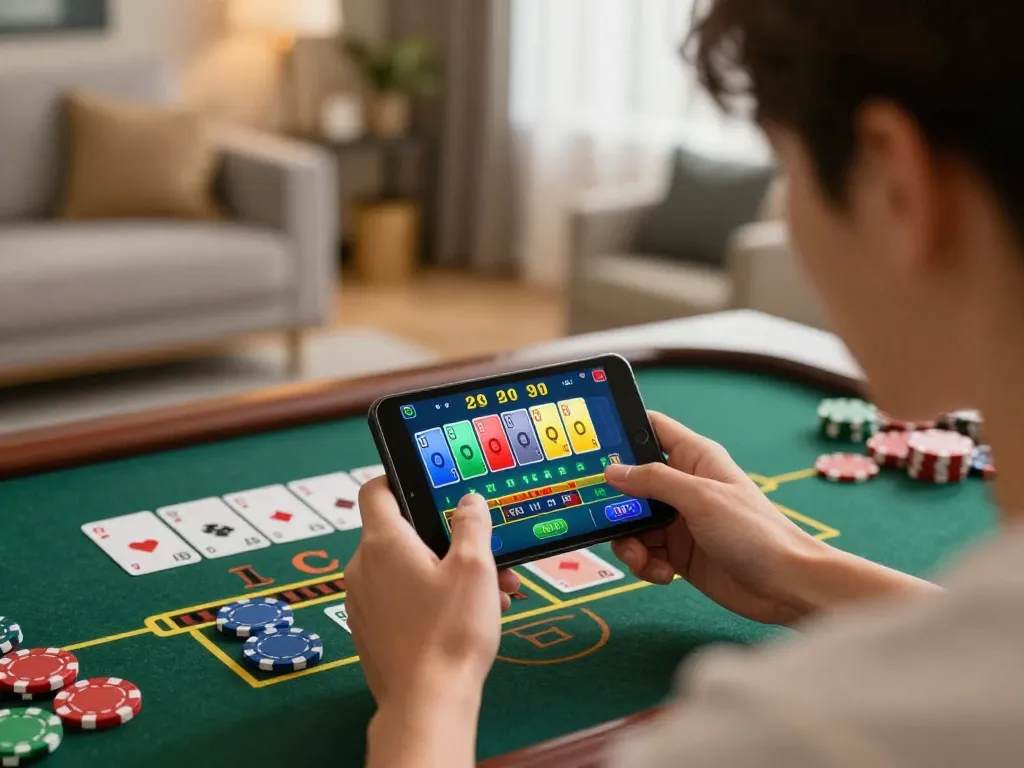 Engagingly playing Baccarat on a mobile device in a cozy setting, showcasing the excitement of Kasino.