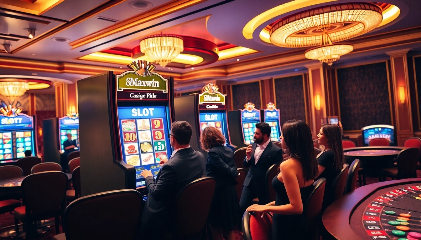 Players enjoy an immersive Slot Maxwin experience at a luxurious casino, celebrating big wins.