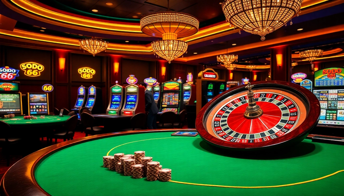 Experience the thrill of SODO 66 with players at a live dealer casino table, vibrant slot machines in view.