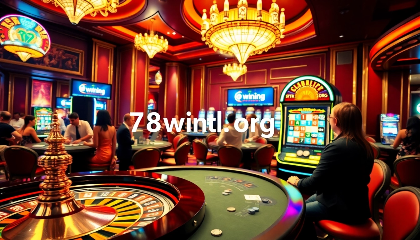 Immersive gambling scene at 78wintl.org featuring roulette, poker table, and slot machine.