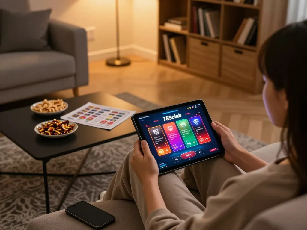Player enjoying 789club on a tablet at home, surrounded by strategy notes and cozy ambiance