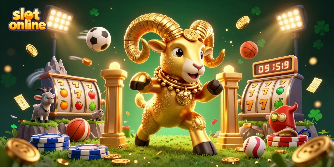 Slot online menampilkan ilustrasi kartun 3D ram emas dengan simbol slot dan keberuntungan.