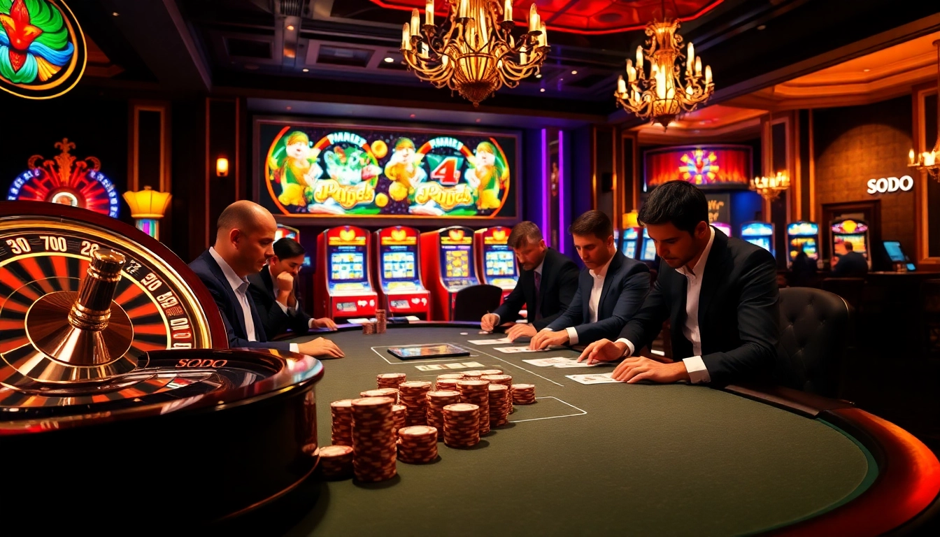 SODO Casino's high-stakes poker scene captivates players with vibrant lights and luxurious details.