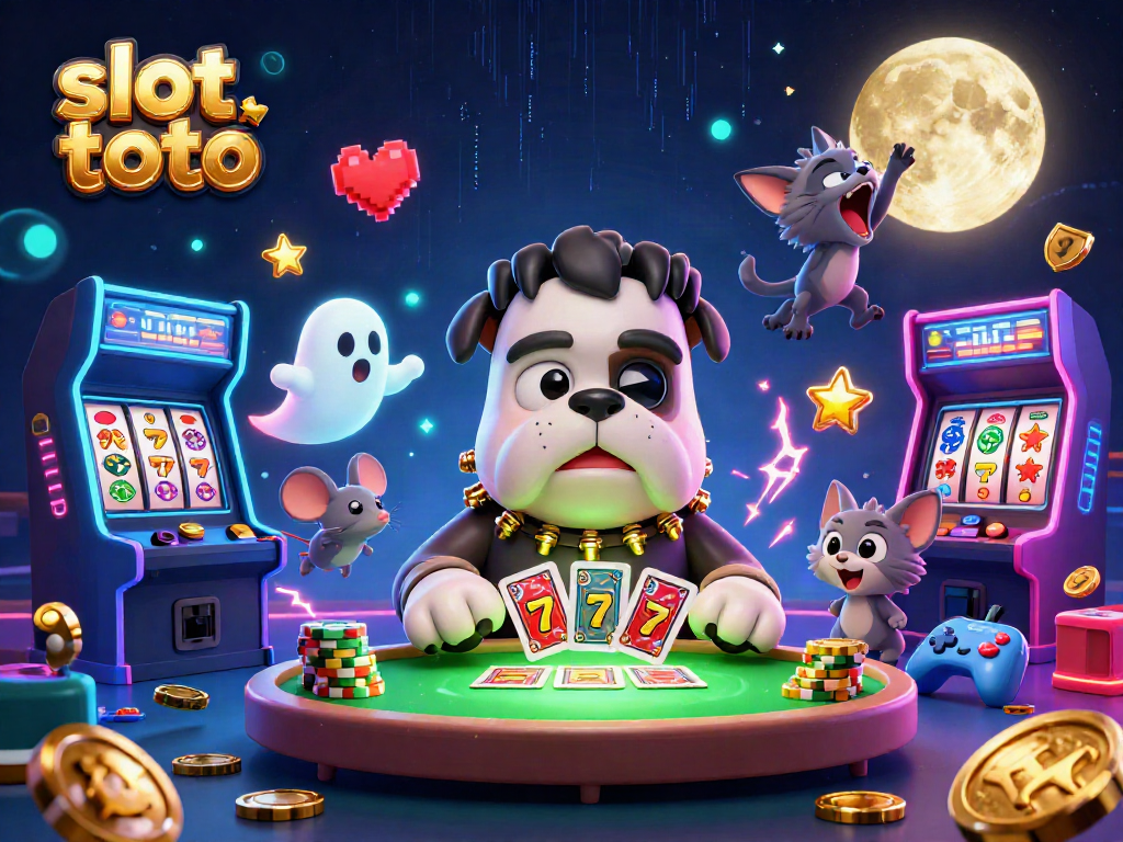 Engage in slot toto action with a 3D Frankenstein bulldog dealer surrounded by vibrant casino elements.