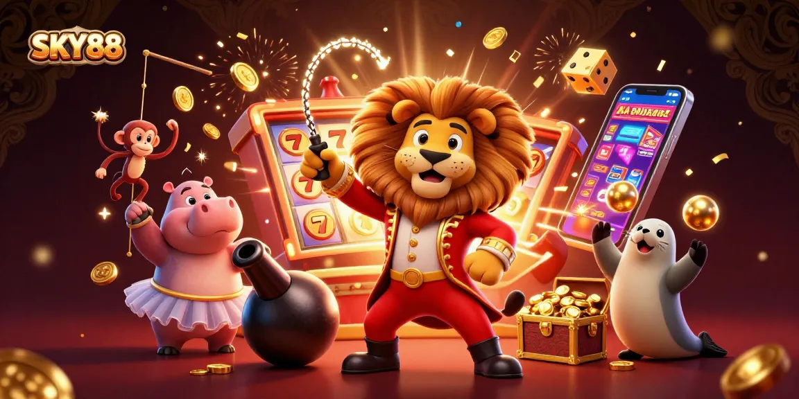Experience the thrill of SKY88 with a vibrant 3D casino scene filled with colorful characters and golden jackpot excitement.