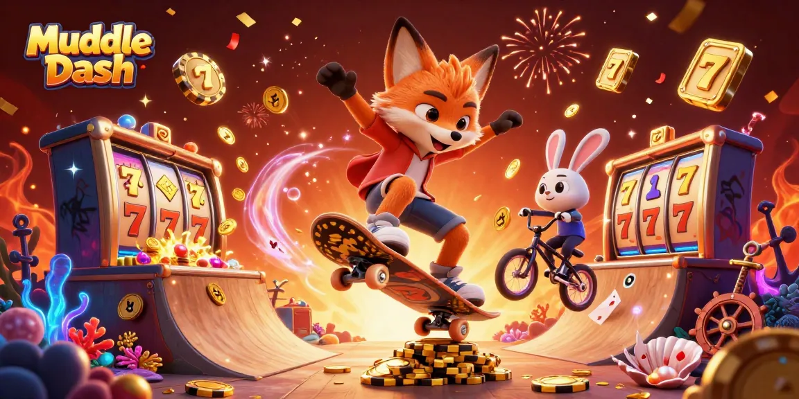 Muddle Dash showcases a vibrant casino scene with a skateboarder fox and tricks from a BMX rabbit, surrounded by lively slot elements.
