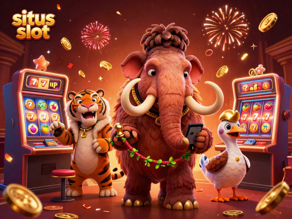 Slot gacor dengan bouncer mamut dan tamu VIP, penuh dengan simbol slot dan koin emas