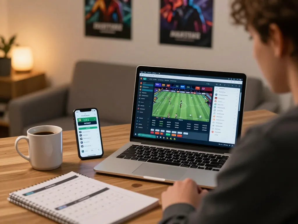 MM88 user engaging in live sports betting on a laptop with strategic insights and warm lighting.