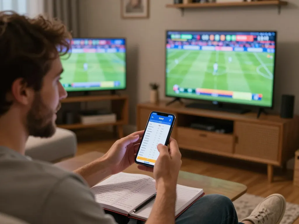 Betting enthusiast using the Nowgoal app for live sports scores in a cozy home setting