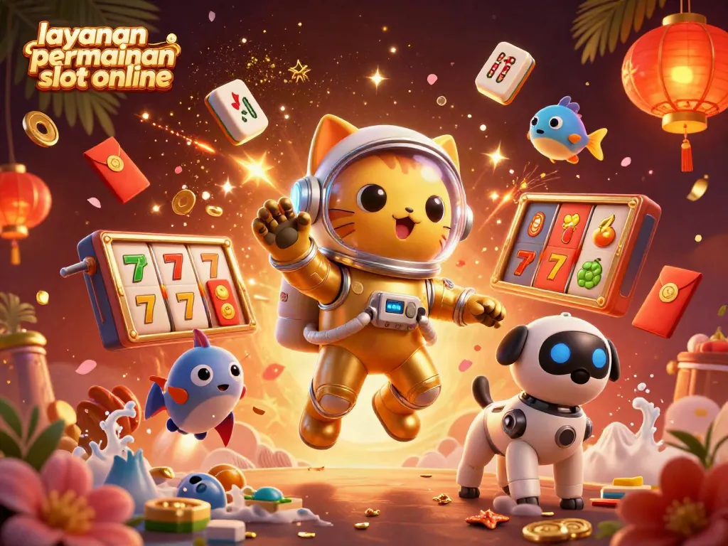 Bermain layanan permainan slot online dengan karakter lucu dan elemen simbol keberuntungan.