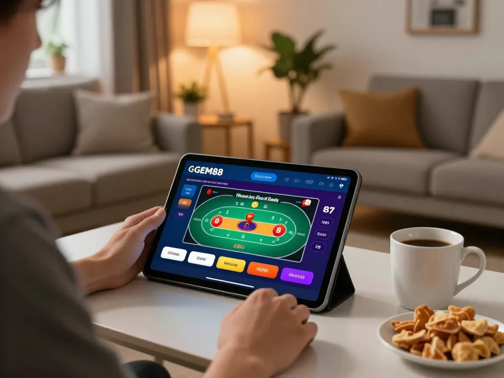 Engaging with GEM88 vin app for online poker in a cozy gaming setup.