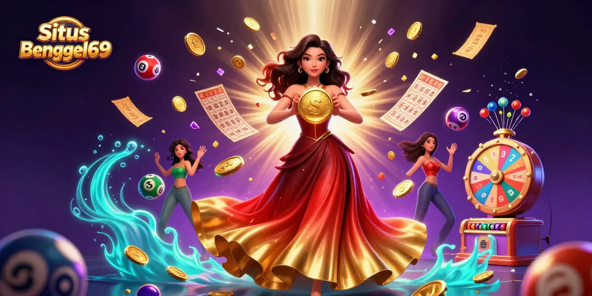 Situs Bengkel69 showcases an engaging jackpot scene with dynamic elements like lottery balls and spinning prize wheels.