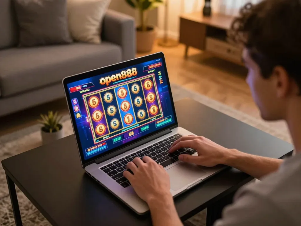 Player enjoying the open888 online casino, engaging with vibrant slot games on a laptop in a cozy home setting.