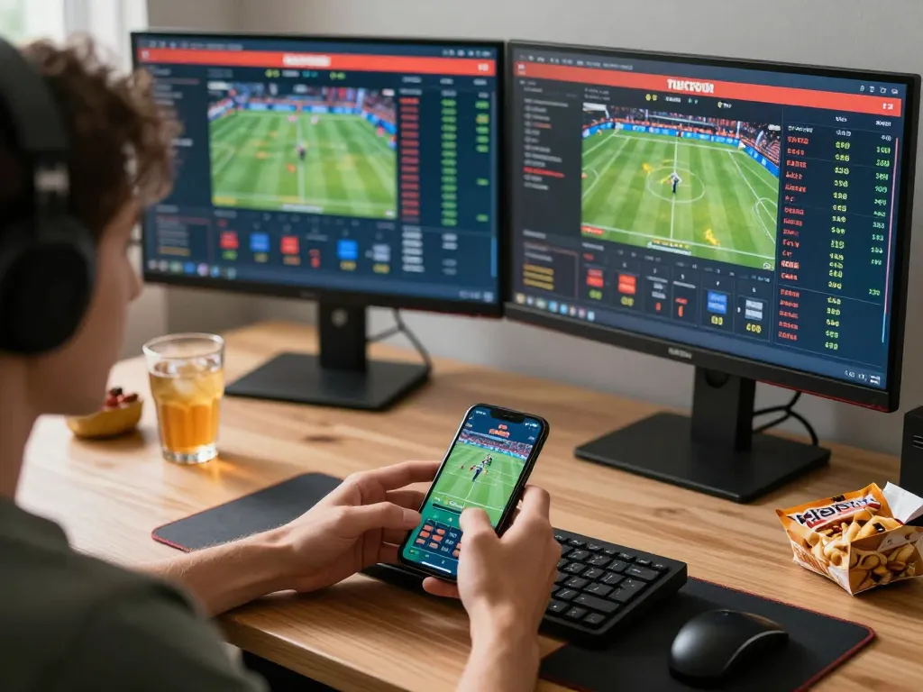 Engaging sports betting scene with active smartphone interaction and live updates, featuring 7meter Link Alternatif.