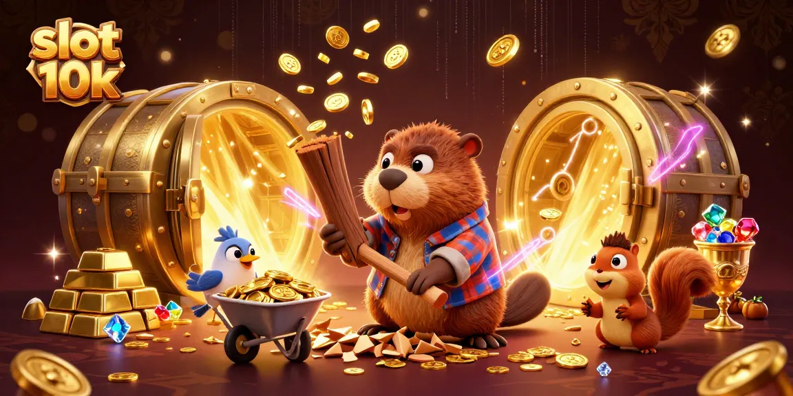 Experience thrilling wins with slot 10k, as beavers collect golden coins in a dazzling casino scene.