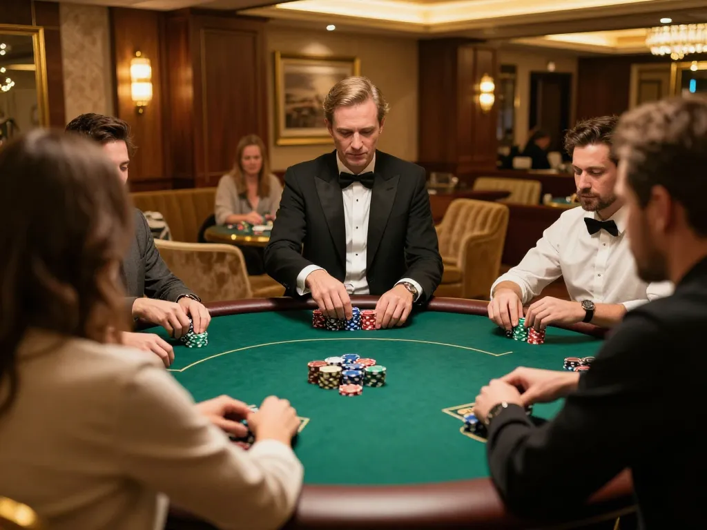 Players engaging in a high-stakes poker game at okwin, showing chips and intense strategy.