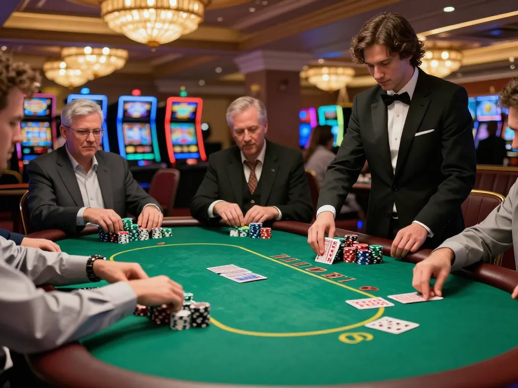 A captivating poker game scene at nohu90 with players focused on their hands, chips in play, creating an engaging gambling atmosphere.