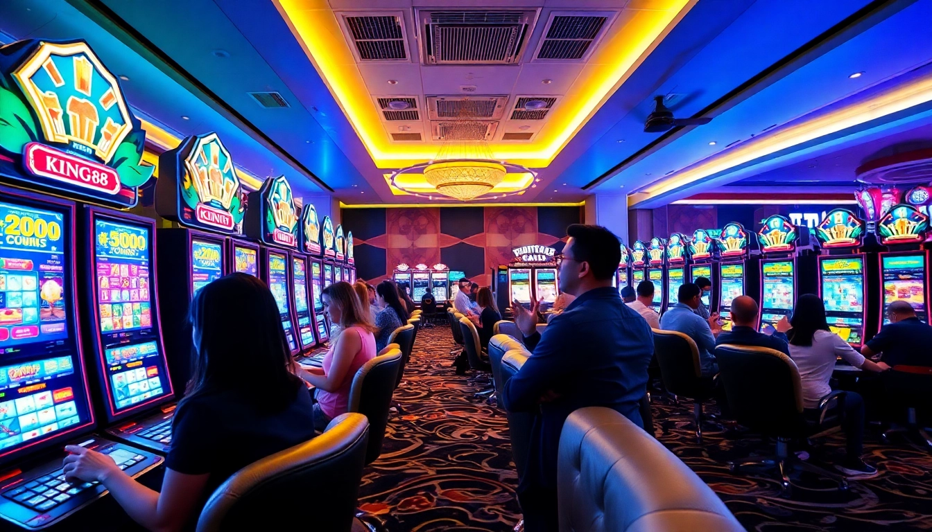 Exciting casino scene with players enjoying king88 online games, showcasing vibrant digital slots and luxurious ambiance.