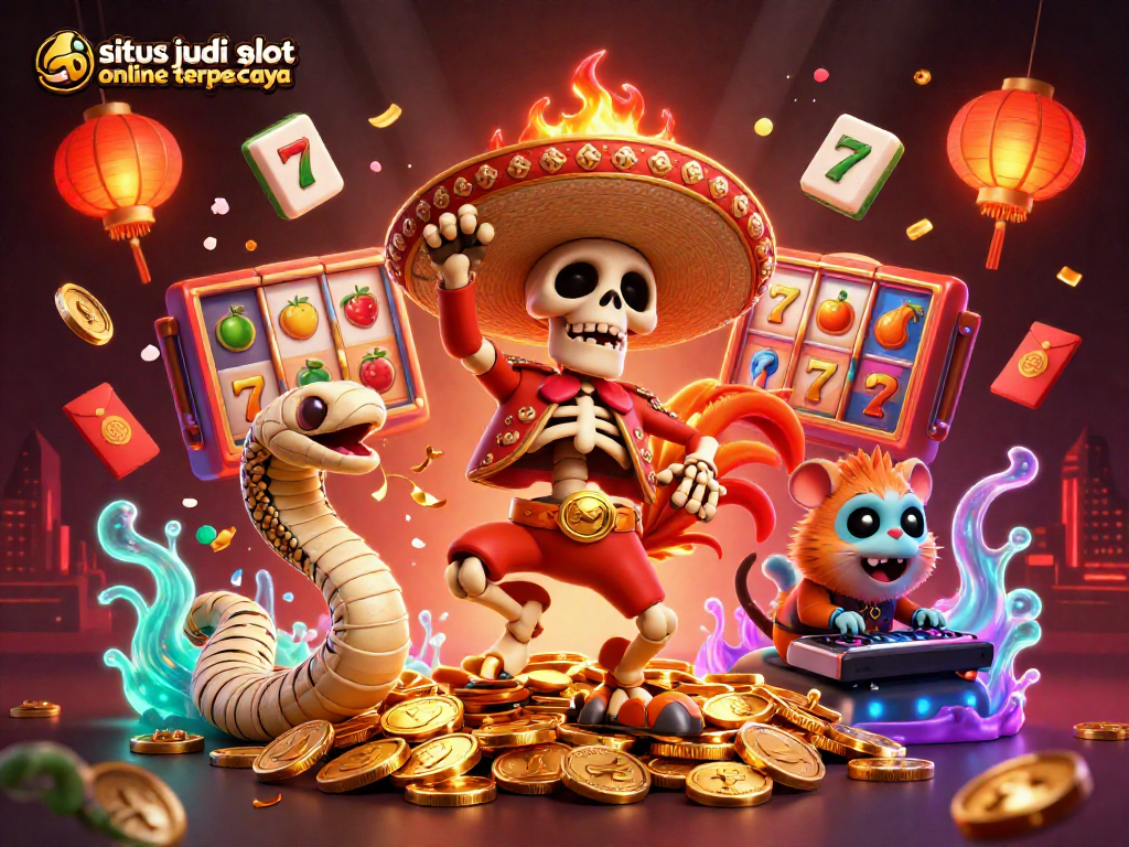 A vibrant 3D illustration showcasing a lively scene with characters celebrating wins at situs judi slot online terpercaya, featuring slot symbols and festive confetti.