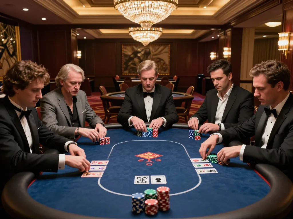 Players engaged in a strategic poker game at a luxurious casino table, showcasing situs slot atmosphere.